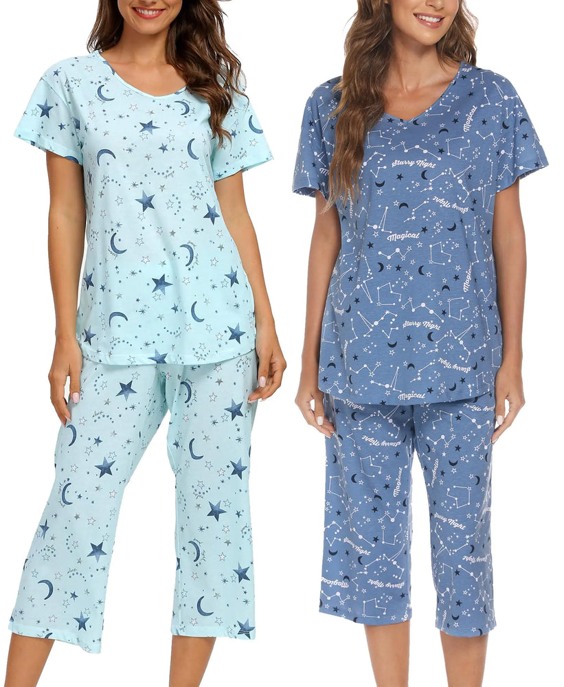 ENJOYNIGHT Womens Pajama Short Sleeve Sets Top with Capri Pants Sleepwear Sets Loungewear